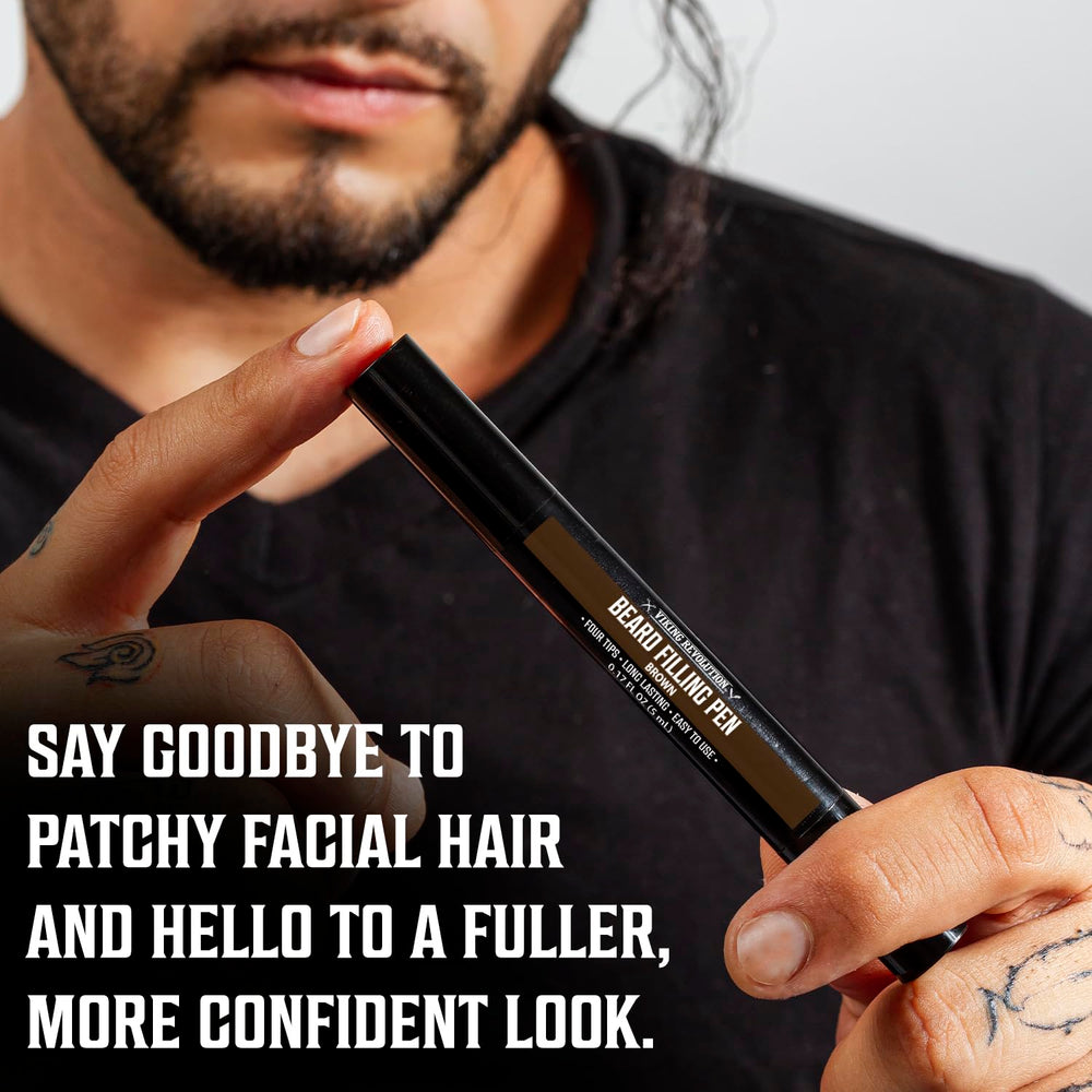 Viking Revolution beard-pen brown application tip enables precise patch filling.