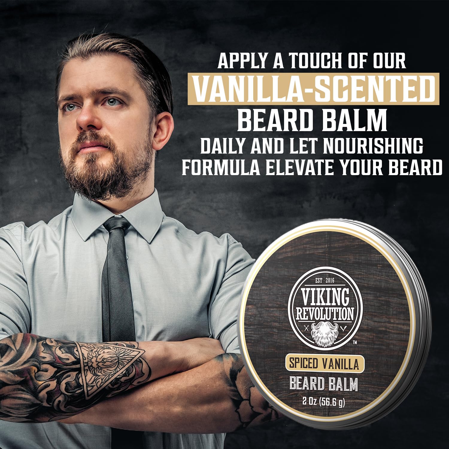 Beard-softener scene with wooden comb by Viking Revolution for grooming routine
