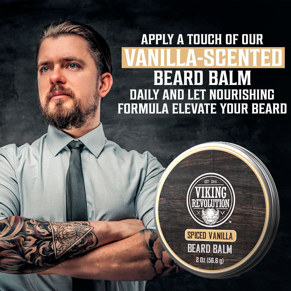 Beard-softener scene with wooden comb by Viking Revolution for grooming routine