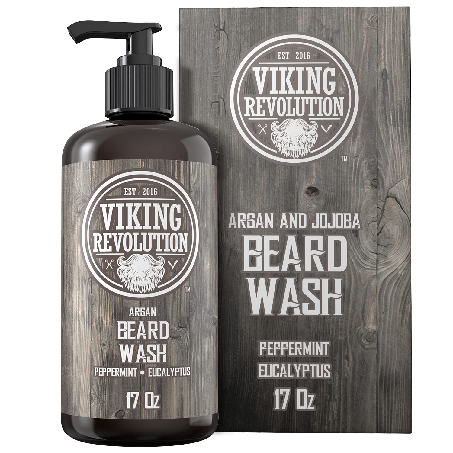 Viking Revolution beard wash bottle with argan and jojoba oils for hydrated, manageable facial hair.