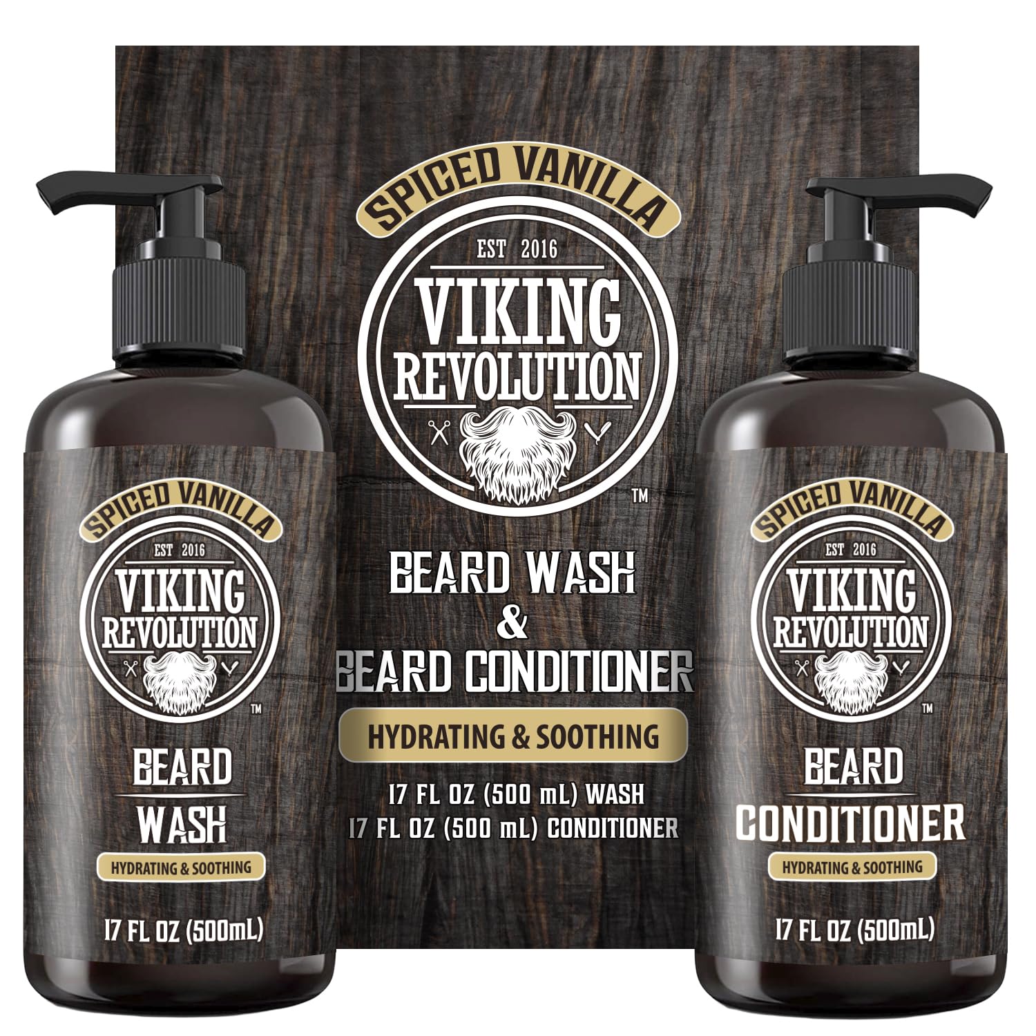Viking Revolution beard wash bottle with argan and jojoba lather cleanses deeply.