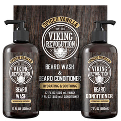 Viking Revolution beard wash bottle with argan and jojoba lather cleanses deeply.