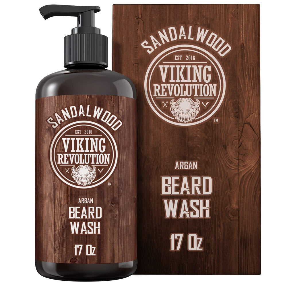 Viking Revolution beard wash bottle with argan and jojoba oils for healthy looking facial hair.
