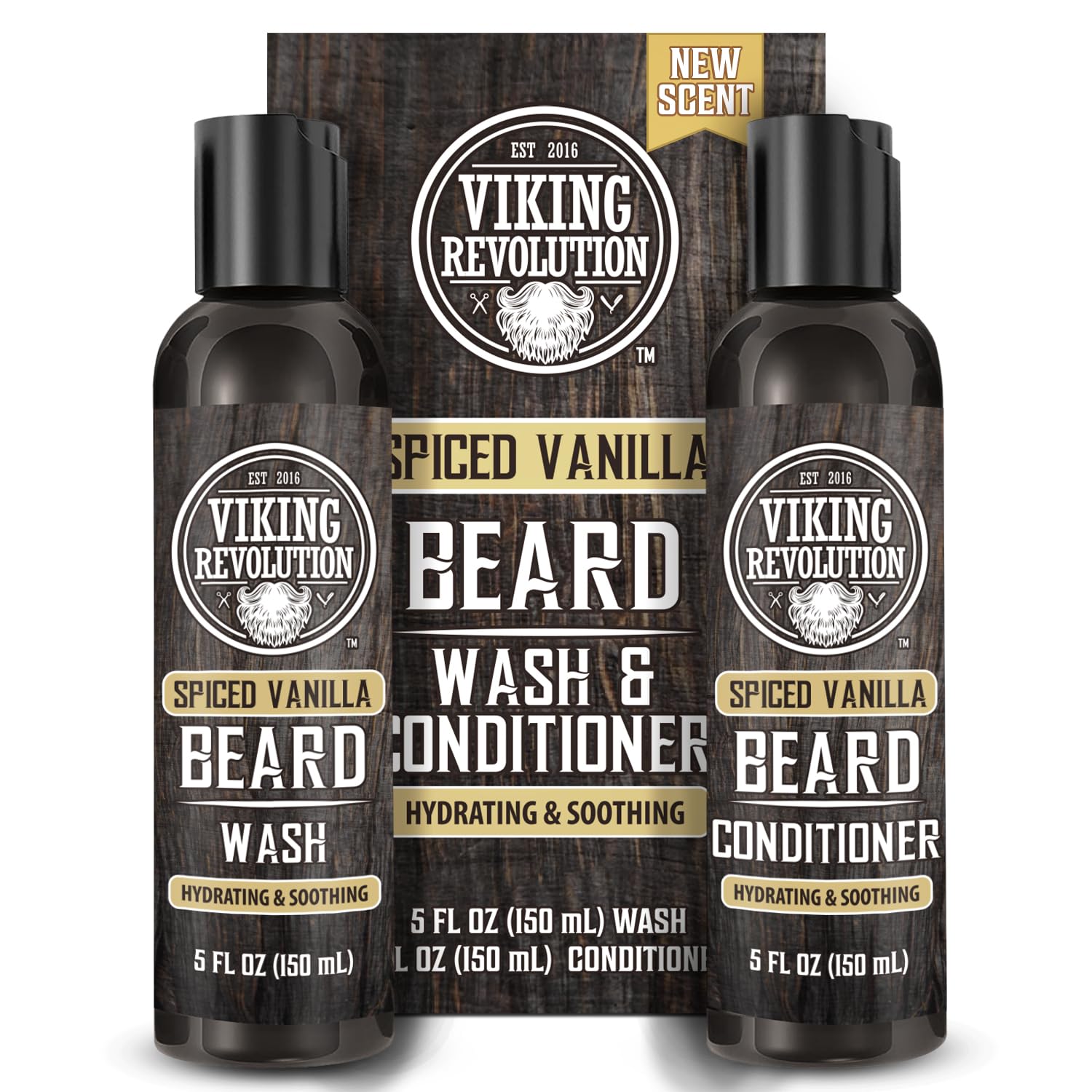 Viking Revolution beard wash bottle with spiced vanilla scent for daily cleansing.