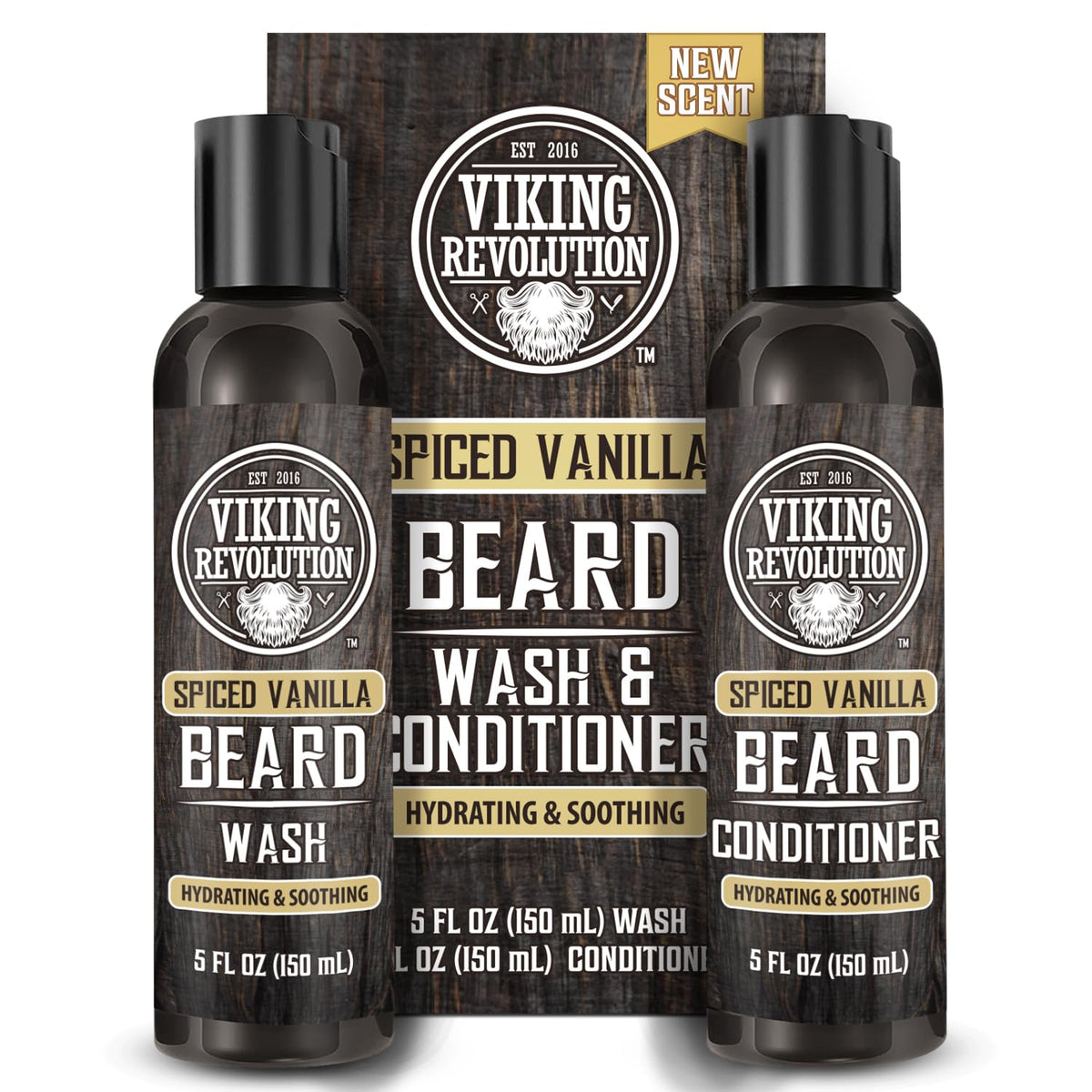 Viking Revolution beard wash bottle with spiced vanilla scent for daily cleansing.