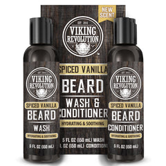 Viking Revolution beard wash bottle with spiced vanilla scent for daily cleansing.