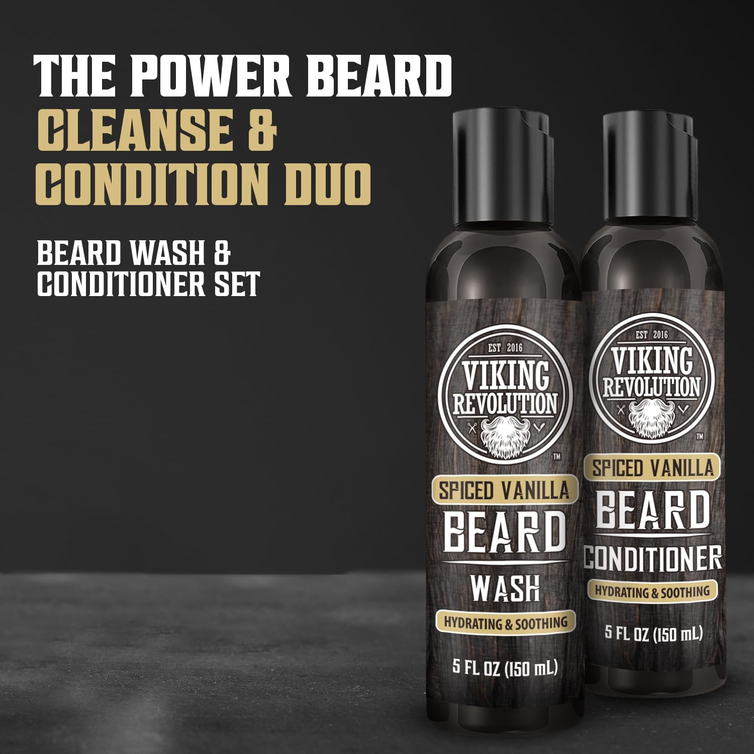 Viking Revolution beard wash label highlights natural oils for nourished beard.