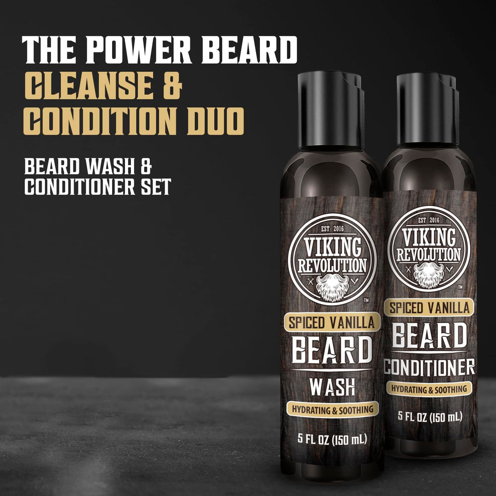 Viking Revolution beard wash label highlights natural oils for nourished beard.
