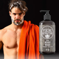Viking Revolution beard wash being massaged into the beard for even distribution.