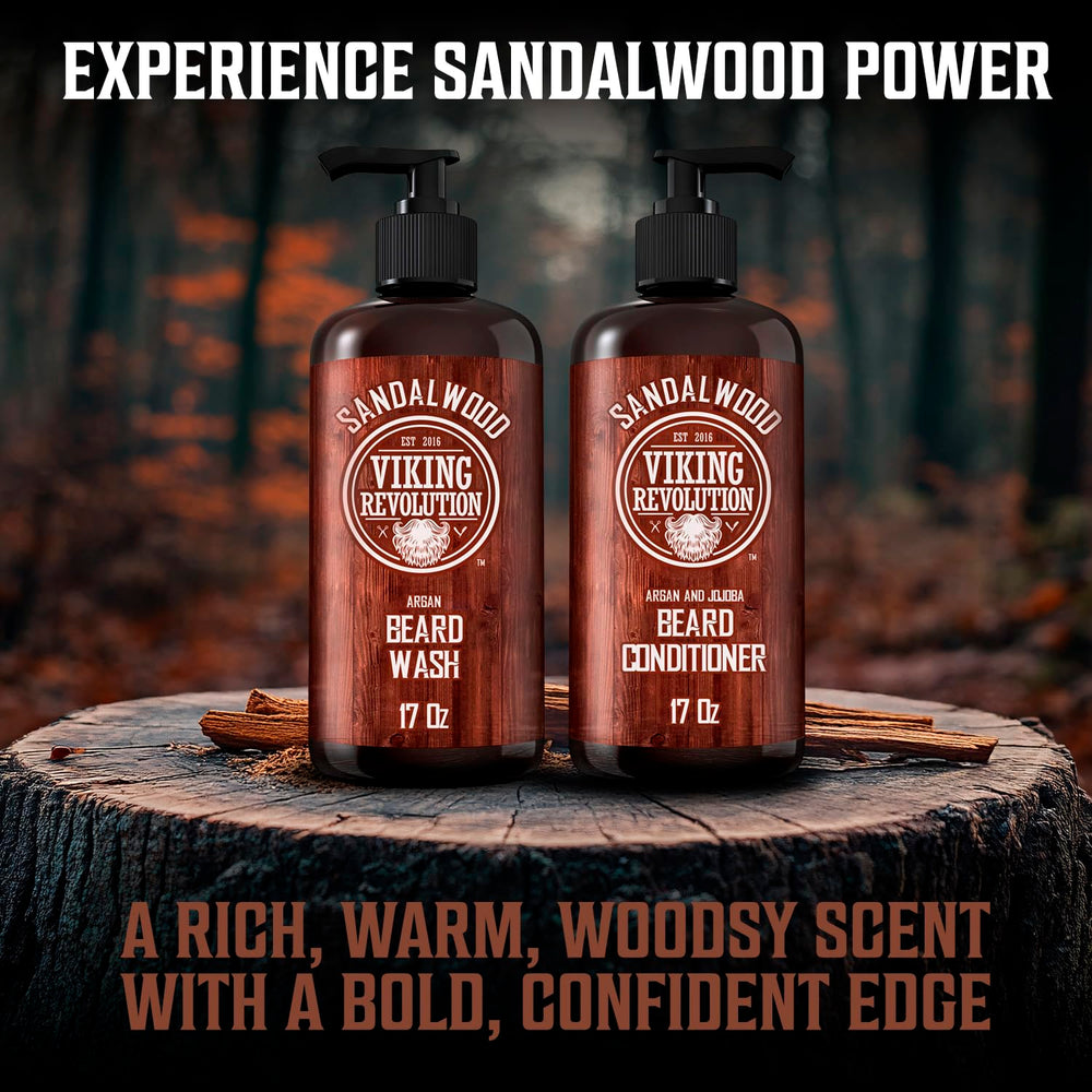 Viking Revolution beard wash steps shown in hands for quick routine.
