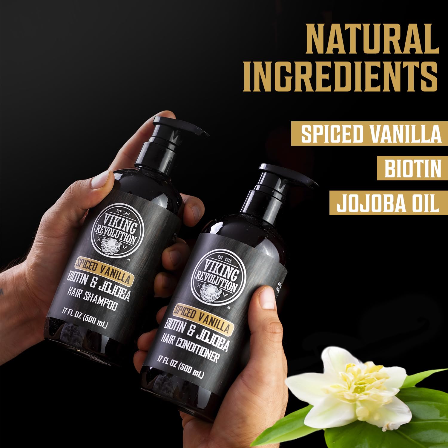Viking Revolution ingredients panel highlights biotin and jojoba oil for hair nourishment.