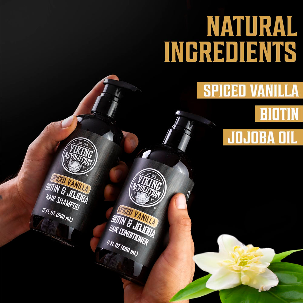 Viking Revolution ingredients panel highlights biotin and jojoba oil for hair nourishment.