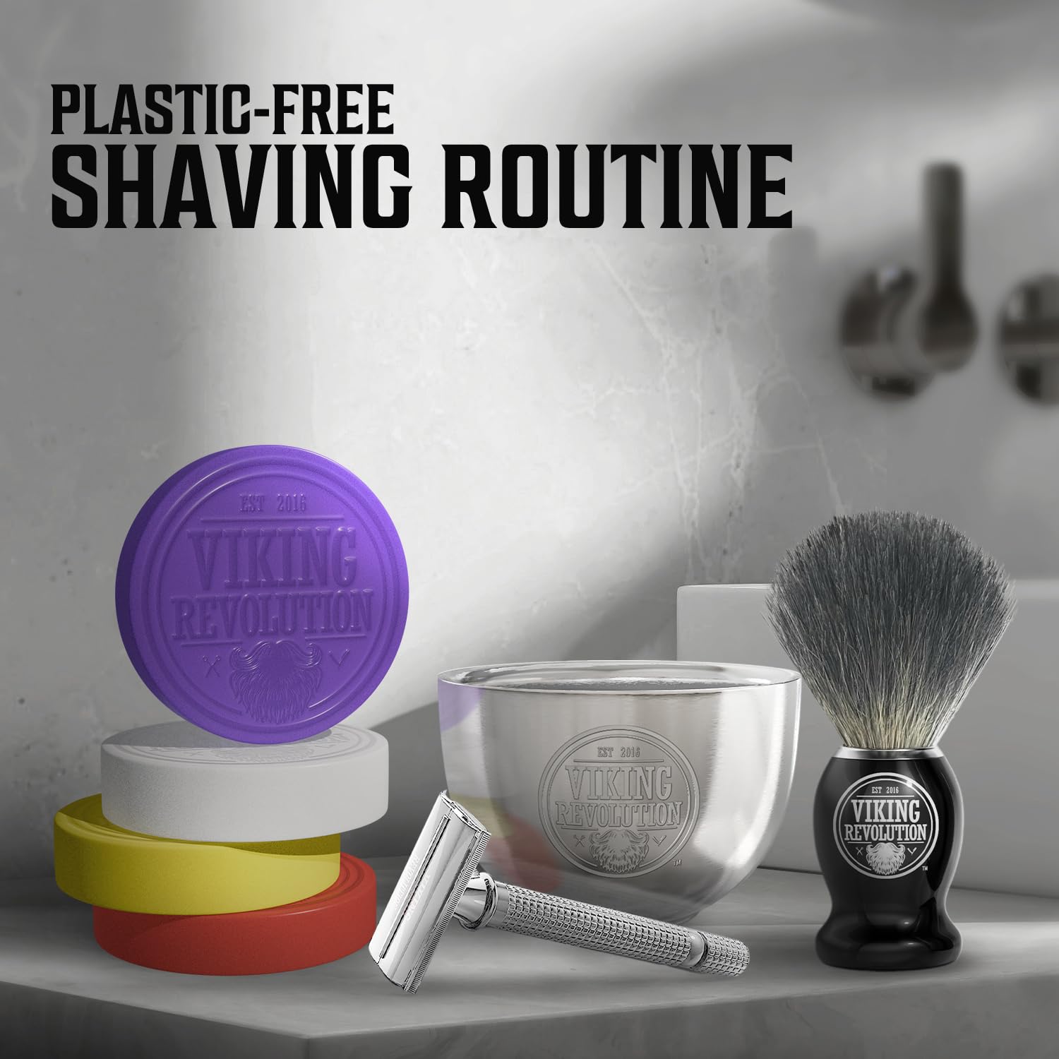 Brand logo product shot of Viking Revolution shaving soap line.