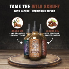 Viking Revolution cedar beard oil bottle to tame frizz.