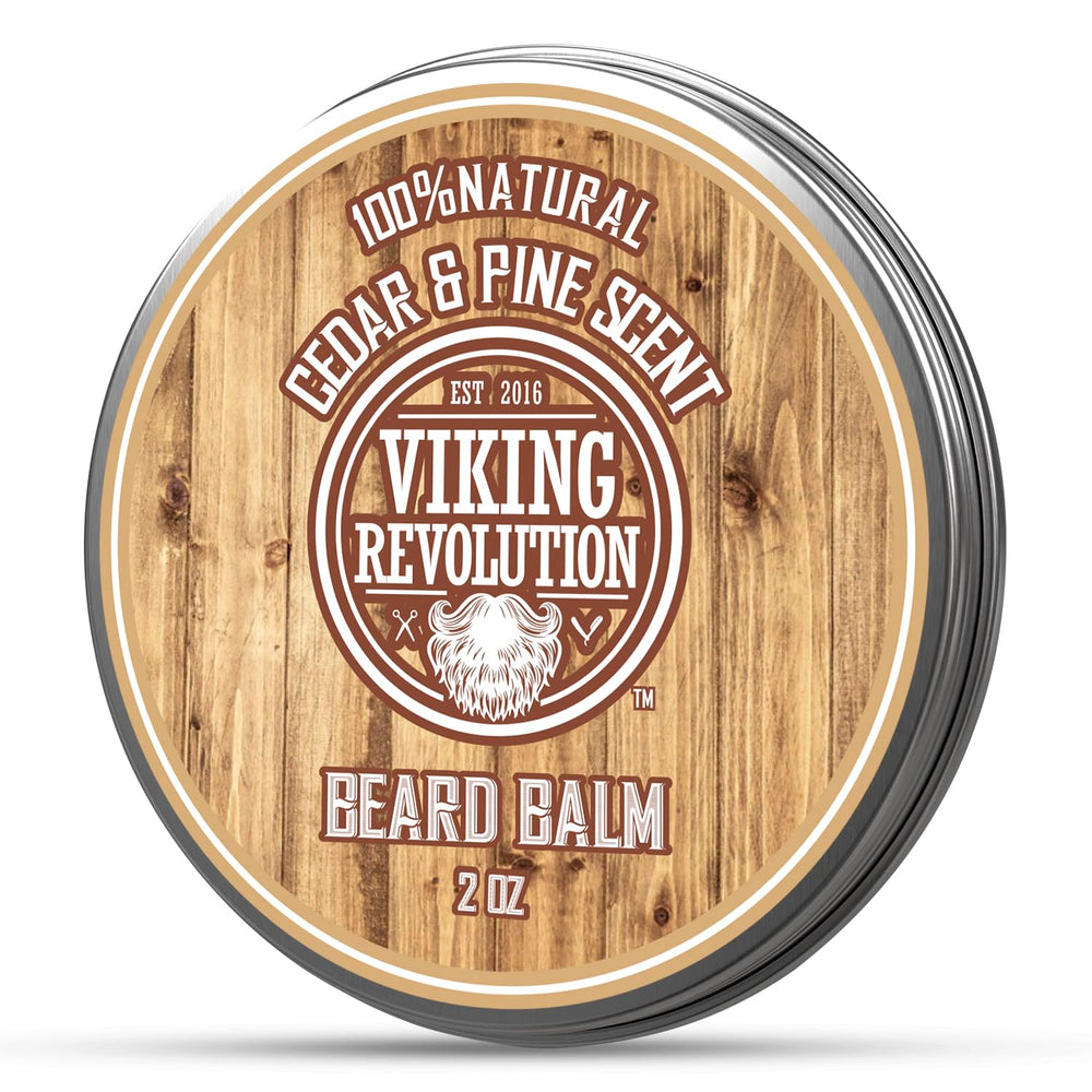 Viking Revolution Cedar and Pine Beard Balm jar ready for use, tamed beard ahead