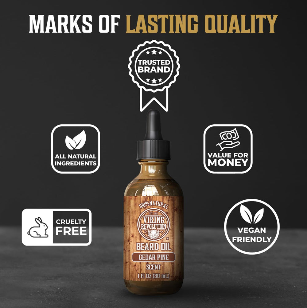 Viking Revolution Cedar Pine Beard Oil in use delivers smooth, conditioned beard.