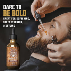 Viking Revolution Cedar Pine Beard Oil label shows scent and natural ingredients.