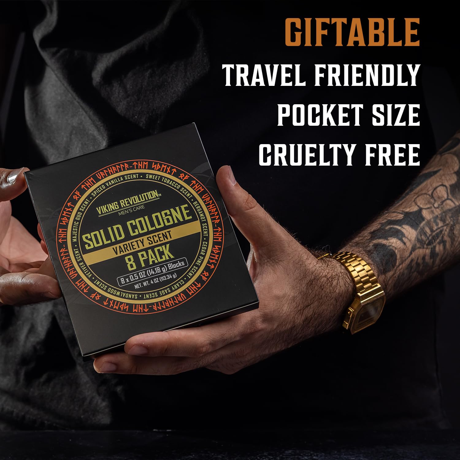 Viking Revolution cedar pine clary sage solid cologne, rugged outdoor-inspired blend.