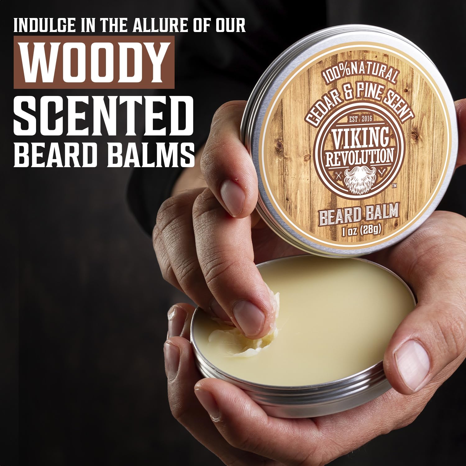 Viking Revolution clary sage beard balm tin shows refreshing fragrance and soft beard feel.
