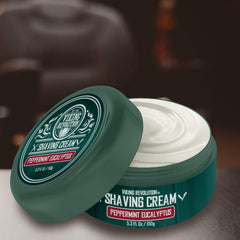 Close-up of dense, creamy lather from Viking Revolution shaving cream.