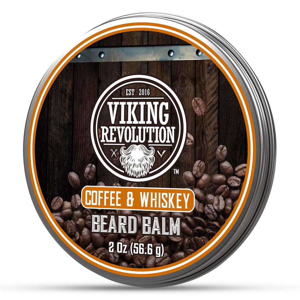 Viking Revolution Coffee Whiskey Beard Balm bottle ready for grooming
