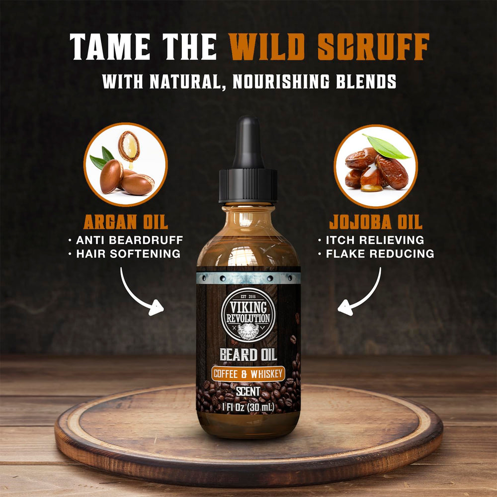 Viking Revolution Coffee Whiskey Beard Oil droplet on beard hair for conditioning