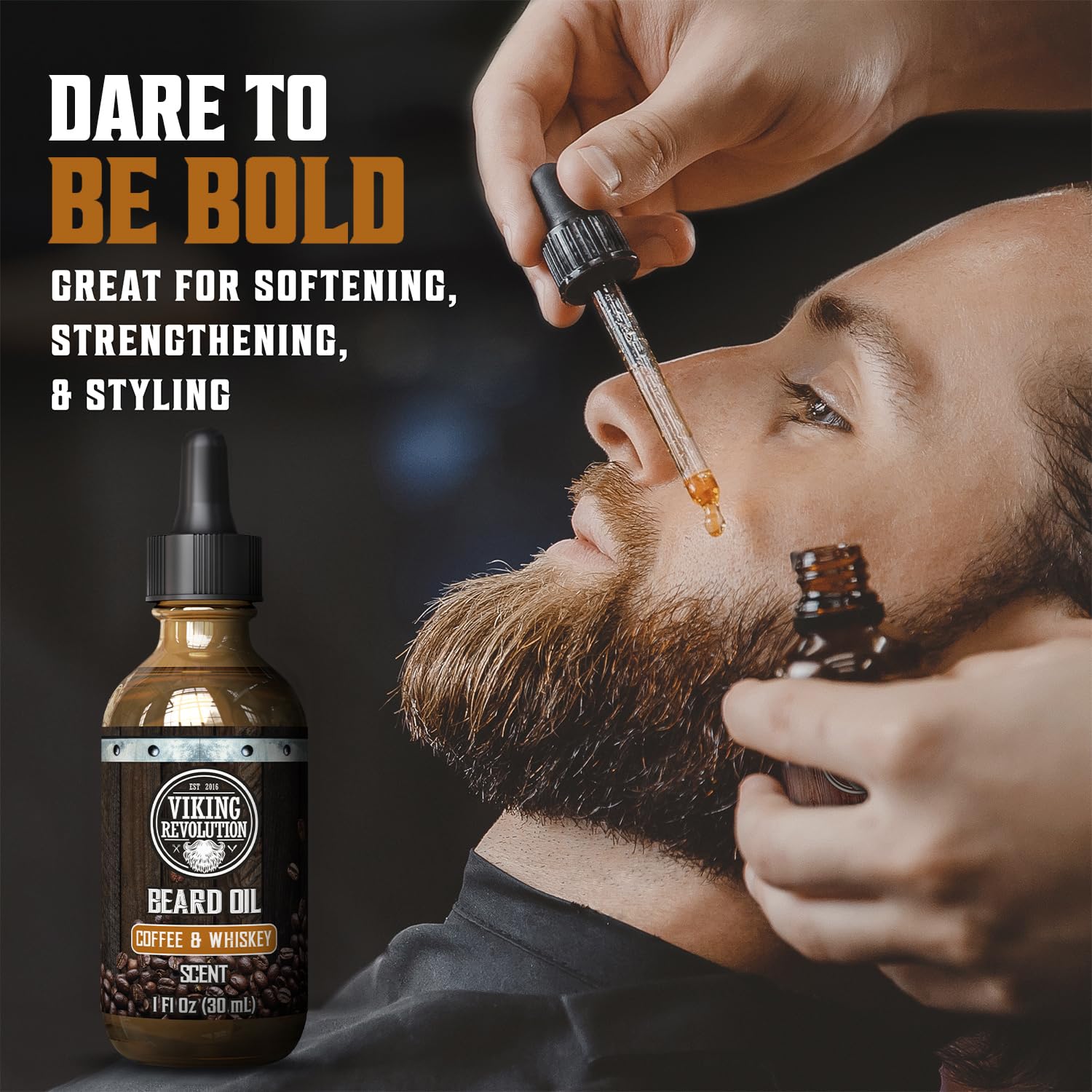 Viking Revolution Coffee Whiskey Beard Oil label close-up with natural ingredients
