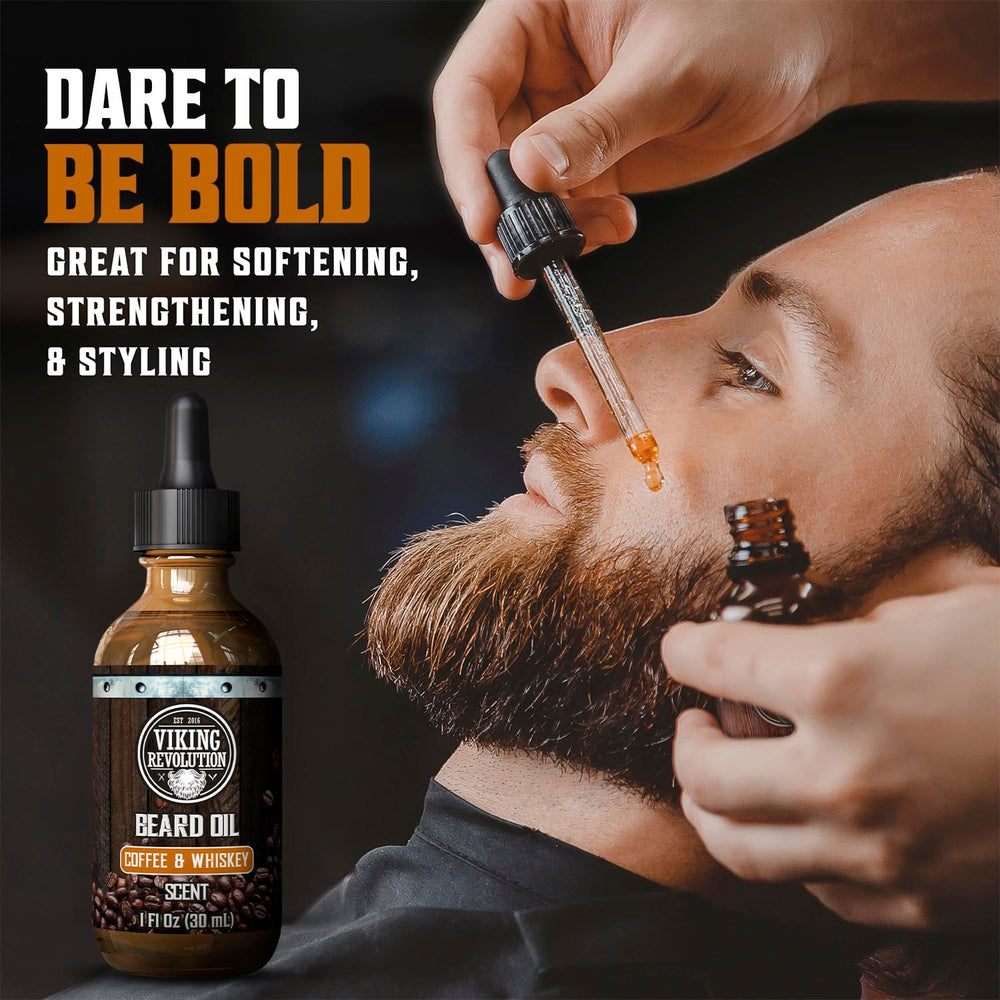 Viking Revolution Coffee Whiskey Beard Oil label close-up with natural ingredients
