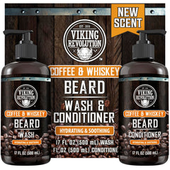 Viking Revolution beard wash bottle pour with rugged coffee whiskey scent