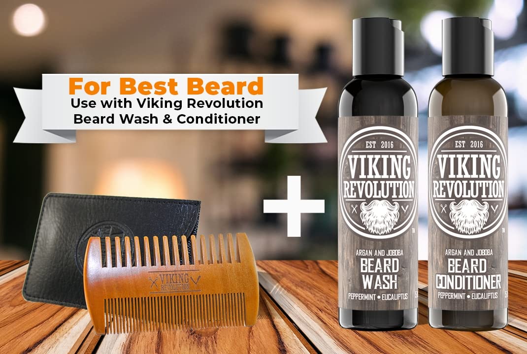 Hand-held view of the Viking Revolution wooden beard comb