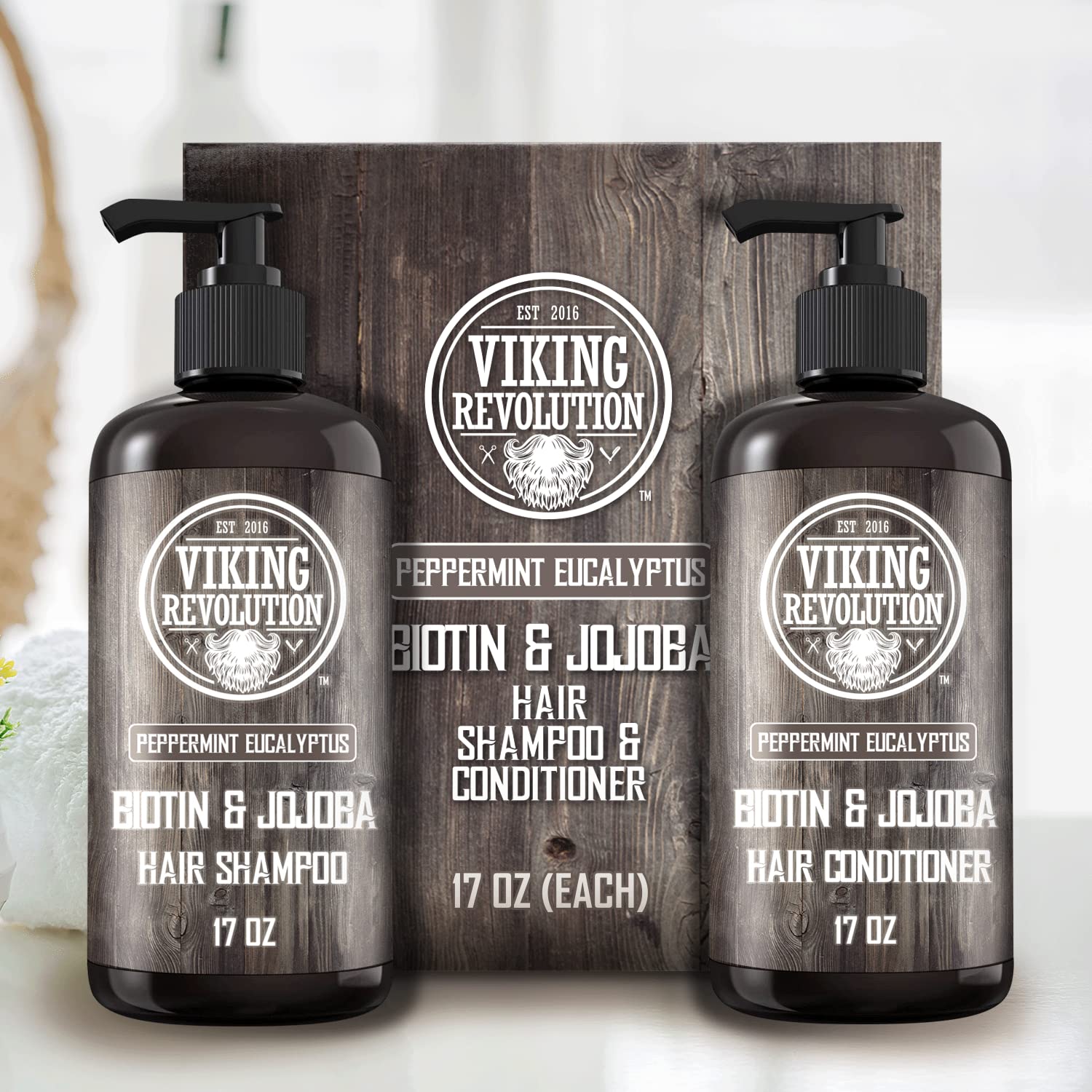 Viking Revolution Eucalyptus Mint Oil ingredients image highlights refreshing scent and conditioning power.
