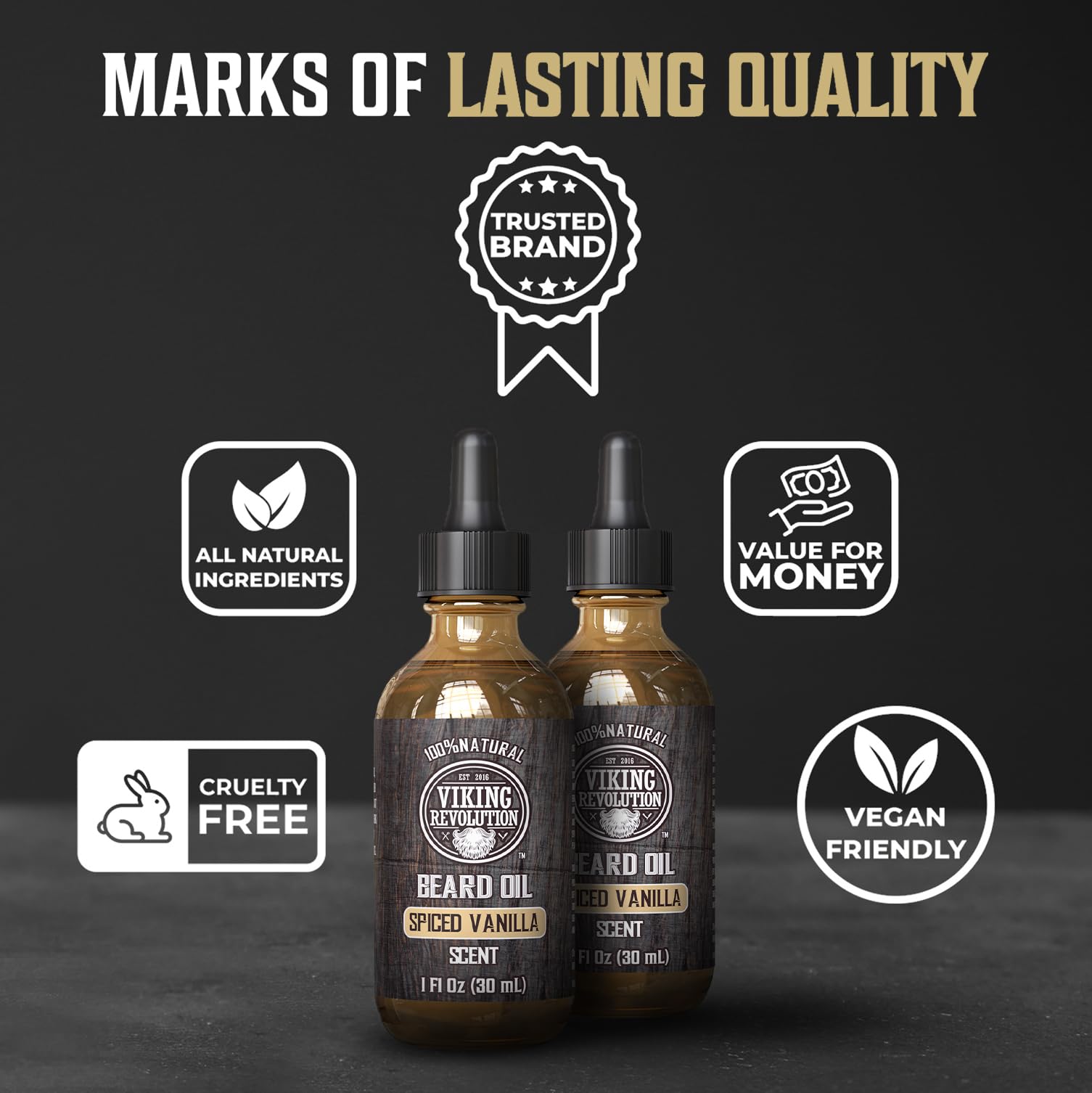 All-natural spiced vanilla fragrance from Viking Revolution beard oil.