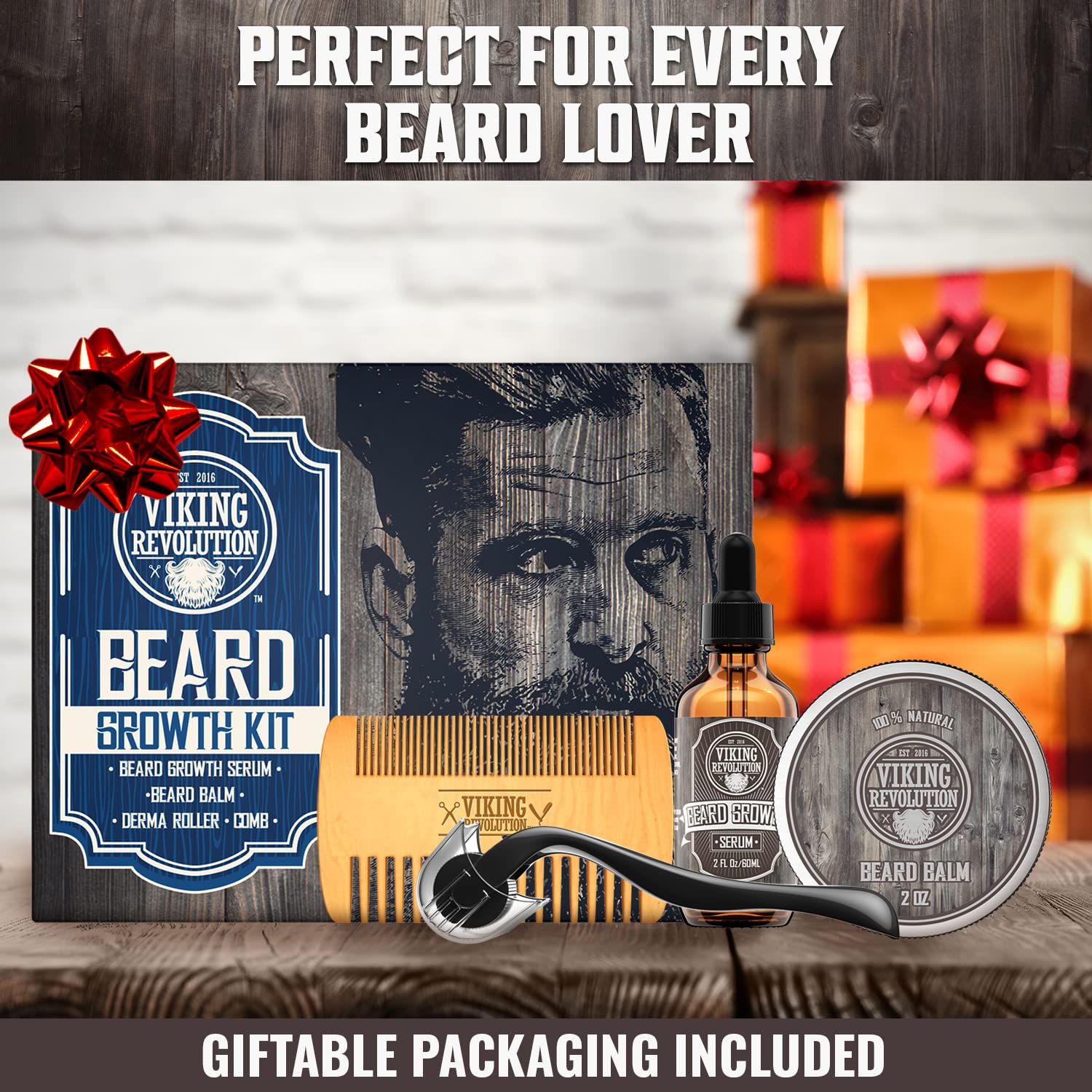 Viking Revolution gift packaging presenting a complete beard growth kit.