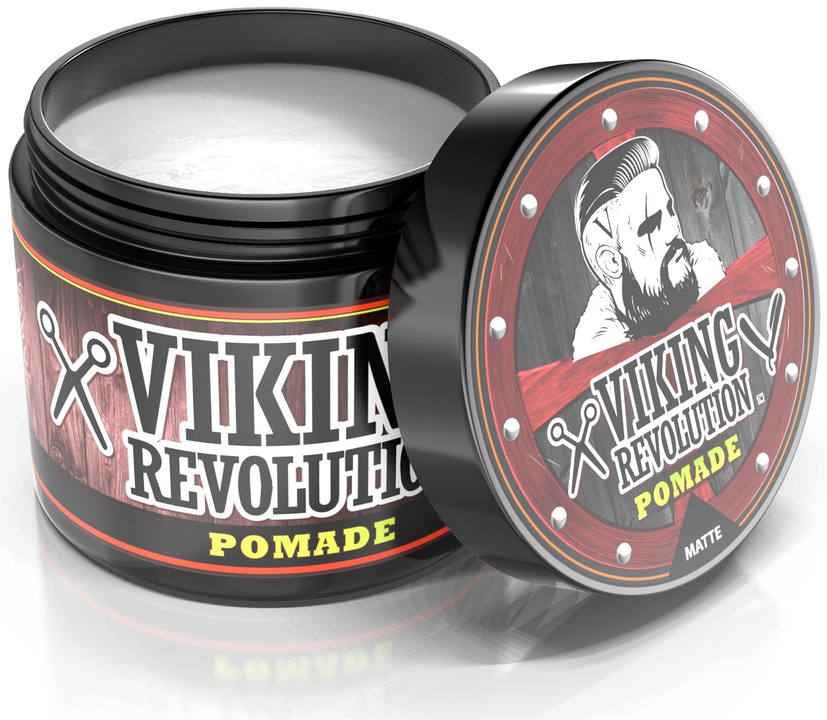Viking Revolution Hair Pomade jar close-up showing natural matte finish and easy wash