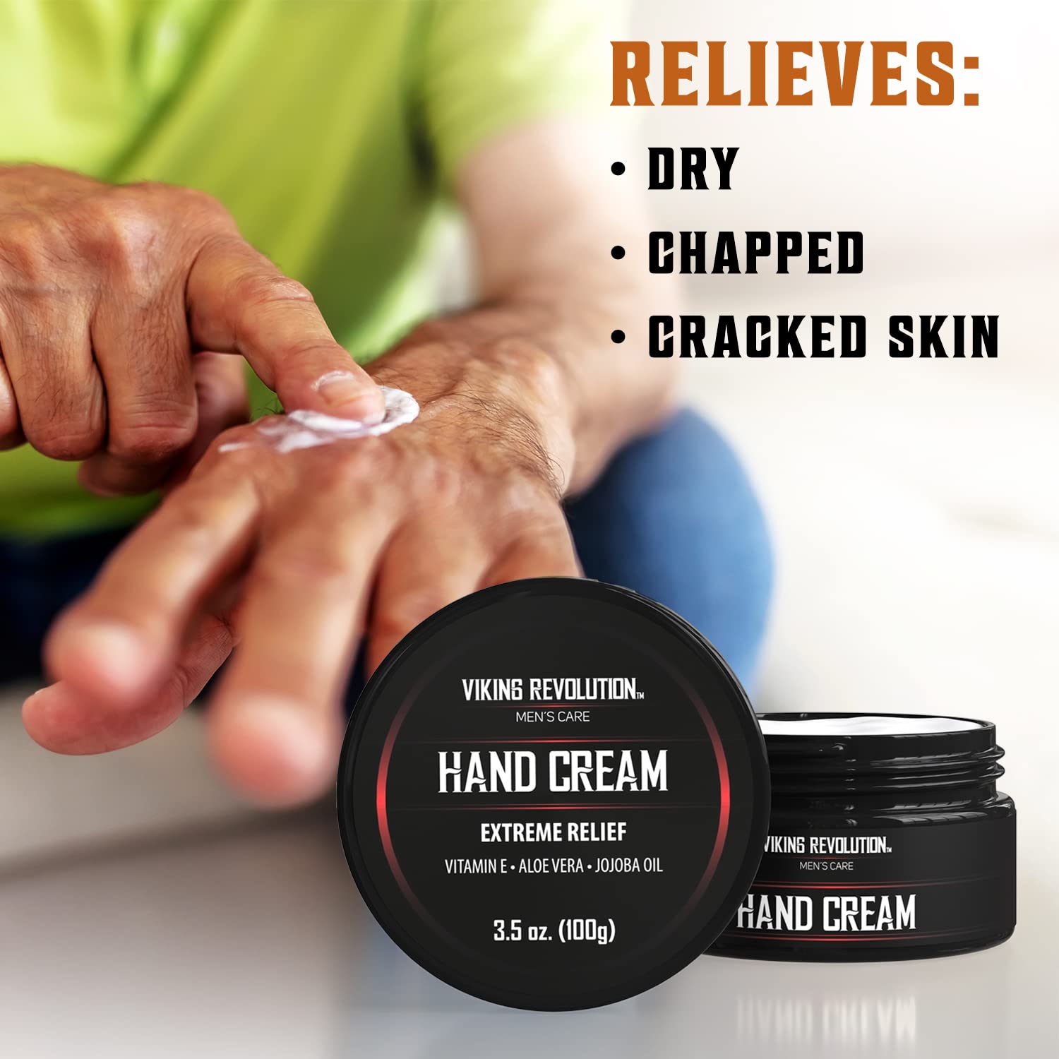 Viking Revolution hand cream on dry hands—before and after appearance.