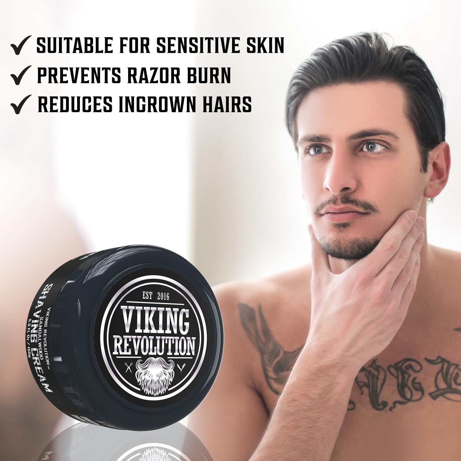 Viking Revolution 5.3oz tub packaging offers lasting thick lather and extended use