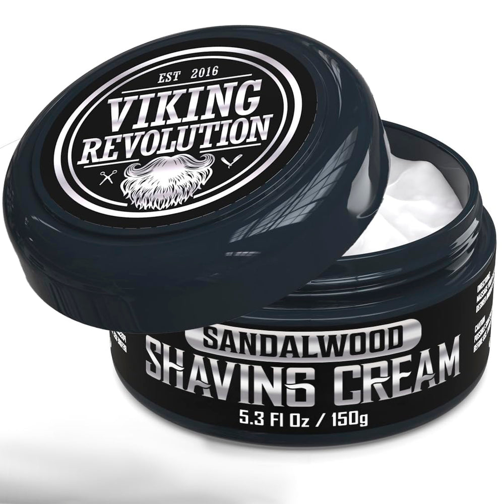 Viking Revolution luxury shaving cream sandalwood scent bottle pour for a smooth prep