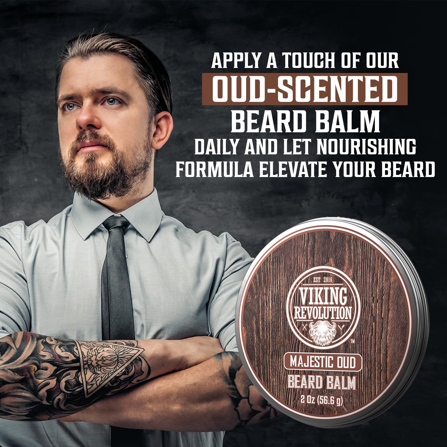 Viking Revolution Majestic Oud balm packaging tin for gifting or daily use.