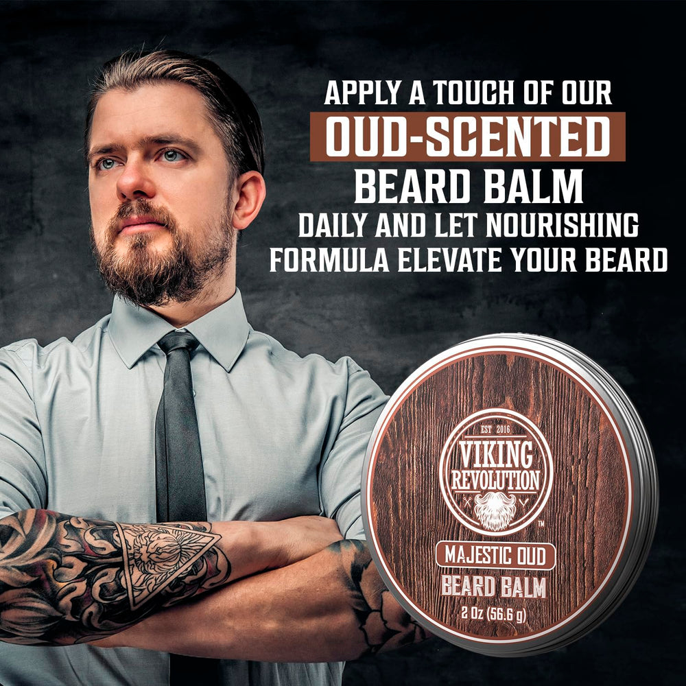 Viking Revolution Majestic Oud balm packaging tin for gifting or daily use.