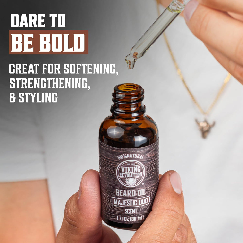 Close-up of Majestic Oud beard oil being applied for smoother facial hair.