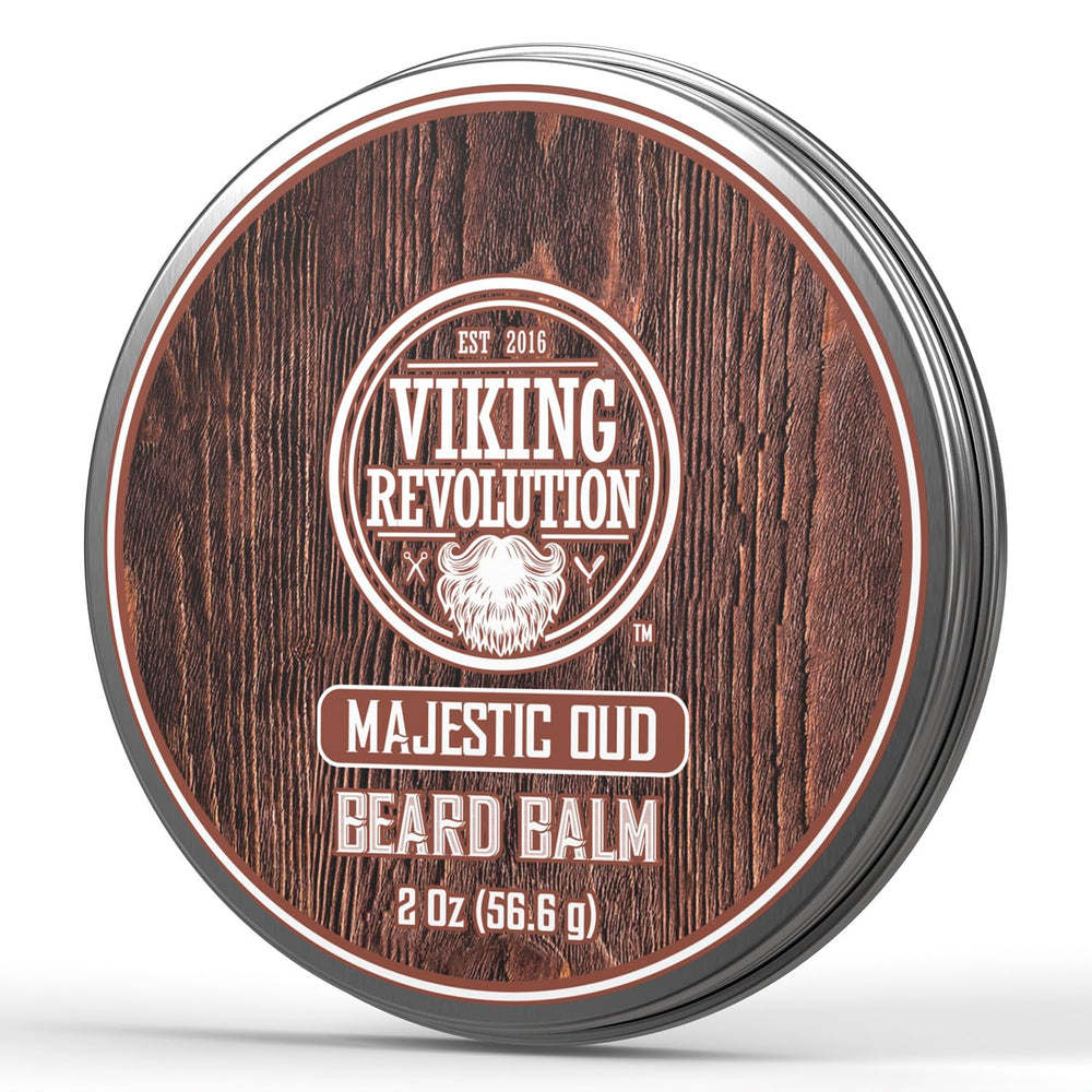 Viking Revolution Majestic Oud beard balm bottle for nourishing beard care.