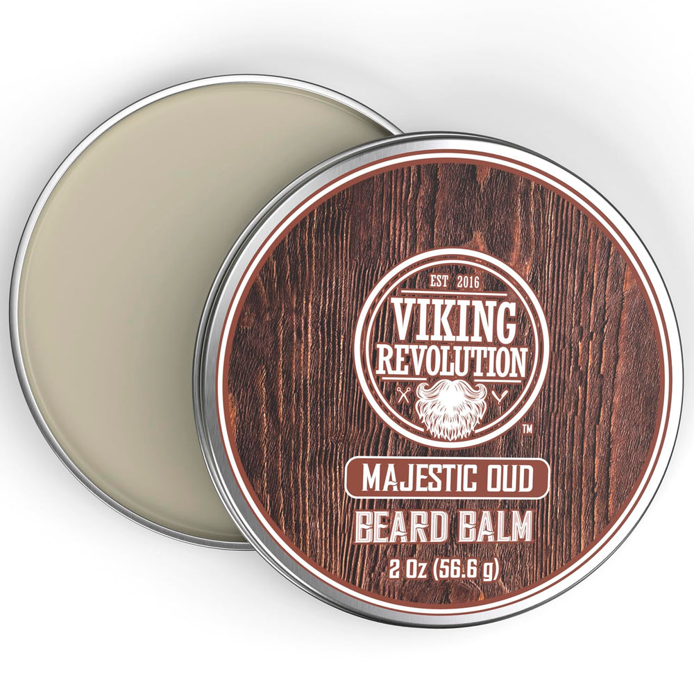 Viking Revolution Majestic Oud balm jar close-up showing creamy texture.