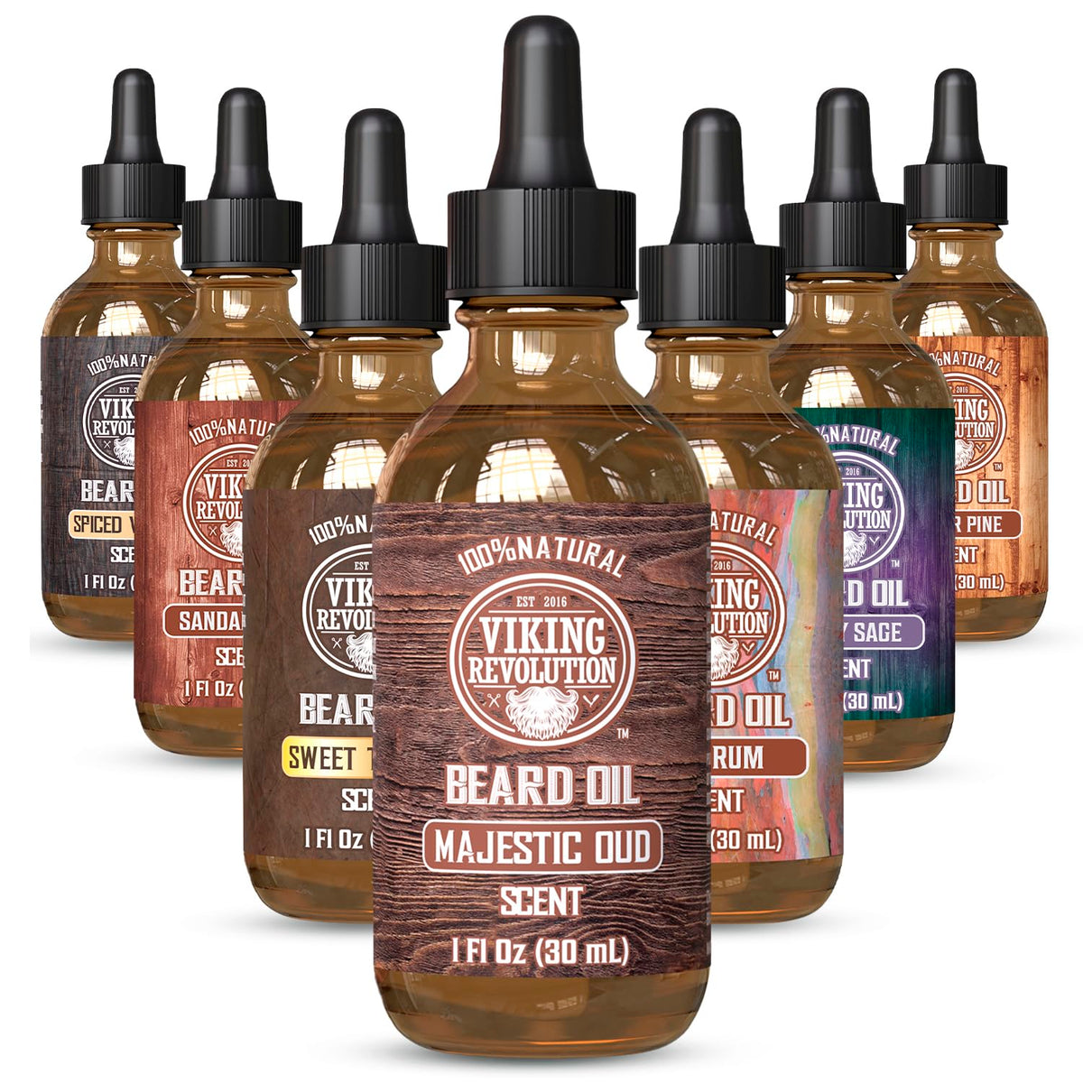 Viking Revolution Majestic Oud beard oil bottle highlighting premium formula for lasting scent.