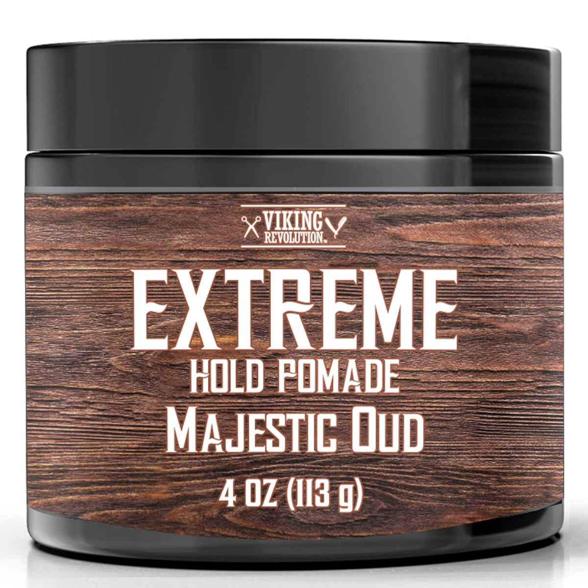 Viking Revolution Majestic Oud Pomada, botella, control extremo para peinados duraderos.