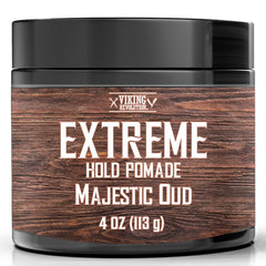 Viking Revolution Majestic Oud Pomada, botella, control extremo para peinados duraderos.