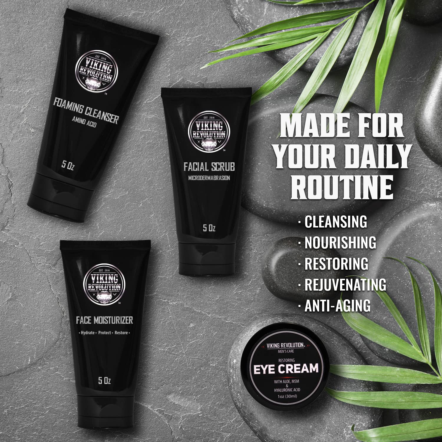 Viking Revolution man using products showcases a simple routine and versatile skincare benefits.