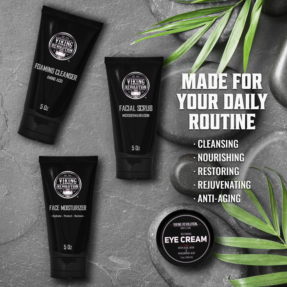 Viking Revolution man using products showcases a simple routine and versatile skincare benefits.