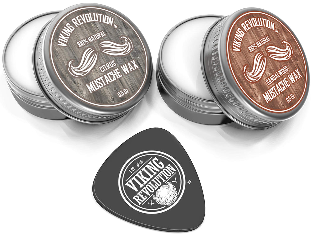 Viking Revolution mustache wax 2-pack packaging display showing two tins for tidy styling