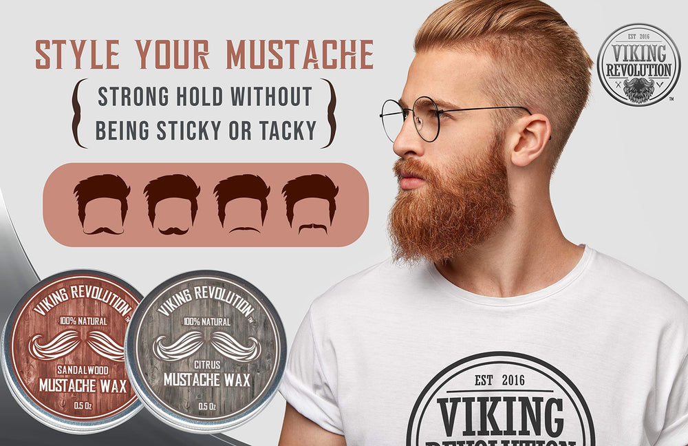 Viking Revolution mustache wax strong hold application close-up for controlled styling