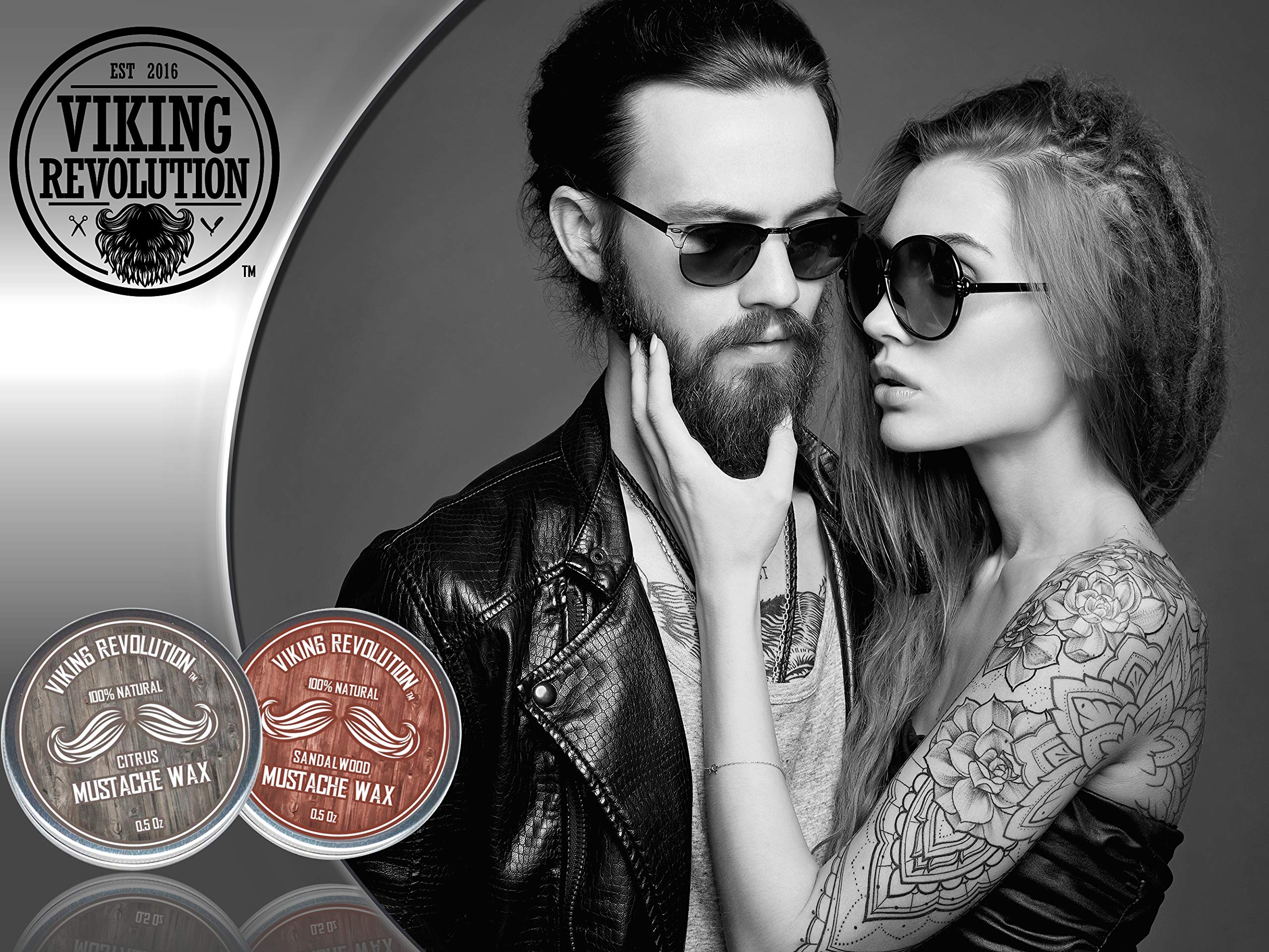 Viking Revolution mustache wax two-pack on shelf highlighting citrus scent